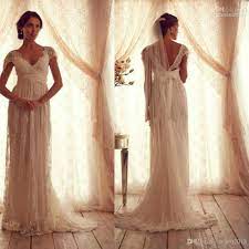 Discount Vintage Lace Wedding Dress With Short Sleeves Anna Campbell Gossamer V Neck Empire Waist Long Bow Backless Bridal Gowns A Line Sweetheart Wedding Dress Vintage Bridesmaid Dresses Lace Wedding Dress