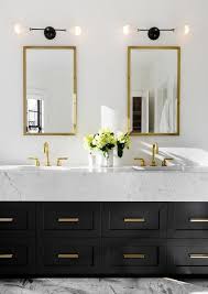 Mof 30 black wall mounted modern bathroom vanity with reeinforced acrylic sink. Stunning Contemporary Black White And Gold Bathroom Boasts White Walls Holding Two Mounted Rivet Medici Bathroom Inspiration Gold Bathroom Beautiful Bathrooms