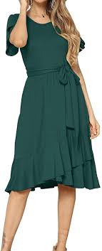 Women Casual Flowy Ruffle Knee Midi Length Work Dress Green L At Amazon Women S Clothing S In 2020 Midi Short Sleeve Dress Lace Dress With Sleeves Summer Dress Outfits