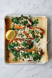 Roasted Sweet Potato W Chickpeas Goat Cheese And Coriander Roasted Sweet Potatoes Recipes Vegetarian Recipes