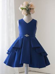 Royal Blue Satin Sleeveless V Neck Dress W Ruffles Little Girl Dresses Kids Frocks Baby Dress