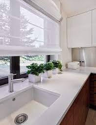 Window Curtains Ideas Kitchen Modern Roman Blinds White White Worktop Wood F Window Modern Kitchen Curtains Kitchen Window Curtains Kitchen Window Blinds