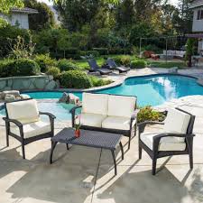 Noble House Honolulu Black 4 Piece Wicker Patio Conversation Set With Beige Cushions 2654 Conversation Set Patio Patio Seating Sets Noble House