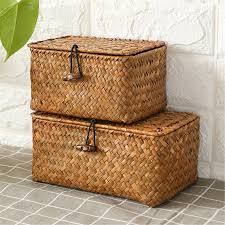Small Straw Woven Basket With Lid Square Storage Box Utility Etsy Storage Baskets With Lids Wicker Baskets Storage Woven Baskets Storage