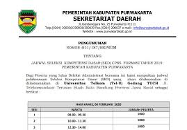 Hasil verifikasi administrasi masa sanggah cpns 2019. Jadwal Seleksi Kompetensi Dasar S K D C P N S Formasi Tahun 2019 Pemerintah Kabupaten Purwakarta Bkpsdm Kabupaten Purwakarta
