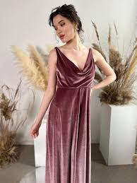 Dusty rose Velvet Bridesmaid Sleeveless Open Back Dress Cowl Neck Dress  Maxi Bridesmaid Gown Custom Tailoring Prom Wedding Dress Plus Size