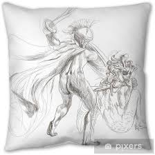 Greek Myths Full Sized Hand Drawing Perseus Medusa Throw Pillow Pixers We Live To Change Green tree illustration, logo yellow flowers, flower watercolor painting illustration, yellow watercolor flowers, watercolor. pixers