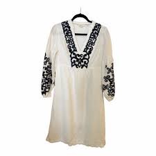 AB16 Boden Womens Leonie White Linen Blue Applique Dress V Neck Sz 10