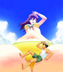 teston, character request, copyright request, 1boy, 1girl, arm support,  between legs, bikini, blue eyes, from below, giant, giantess, leaning back,  long hair, mini person, miniboy, navel, one eye closed, open mouth, purple