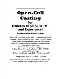 Showing 533 acting jobs with 163 productions in all locations. Dancers Open Casting Call W Meg Lawson Dance Nyc