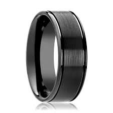 David Flat Black Ceramic Wedding Band With Brushed Center And Dual Offset Grooves 6mm 8mm Black Ceramic Ring Ceramic Wedding Bands Ceramic Wedding Ring
