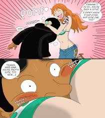 mysteryart901, nami (one piece), one piece, artist self-insert, blush,  breast smother, breasts, denim, face to breasts, hug, jeans, large breasts,  midriff, orange hair, pants, sound effects - Image View - | Gelbooru -
