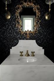 It's one of the main areas where everyone gathers, 2 nd only to the living room. Balck Damask Powder Room Wallcovering Design Ideas
