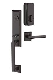 Automatically unlocking outside thumb press/knob/lever. Emtek Emp4717 Transitional Heritage Monolith Tubular Entry Handleset With Empowered Motorized Smart Lockic