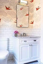 Hygge and west daydream wallpaper. Hygge West Daydream Wallpaper Covers The Upper Wall Of A Bathroom Fitted With White Linear Tiled L Daydream Wallpaper Bathroom Decor Small Bathroom Wallpaper