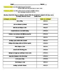 Physical Chemical Change Work Sheet With Answers Chemical And Physical Changes Chemical Changes Physical And Chemical Properties