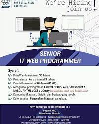 Loker programmer di indosystem jakarta. Loker Untuk Senior It Web Programmer Silahkan Hubungi Kontak Yang Tertera Di Gambar Repost Html Css Javascript Jquery Laravel Php Mysql Ajax Panduan In 2020