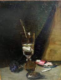 Absinthe, also called the green fairy, was thought to give the drinker hallucinations and erratic behavior. 19th C French Still Life Painting Of Absinthe Glass