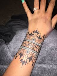 Henna Mandala Wrist Cuff Gray Black Flowers Cuff Tattoo Unique Wrist Tattoos Mandala Wrist Tattoo