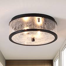 Black finish outdoor flush mount ceiling fixture. Drum Flushmount Lamp Industrial Style Clear Cracked Glass 2 Lights Black Flush Mount Fixture For Balcony Beautifulhalo Com