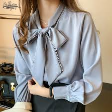 2021 Spring Fashion Korean Tops Satin Chiffon Blouse Women Loose Long Sleeve Shirt White Blue Office Lady Clothes With Bow 10691 Big Promo 128cbd Cicig