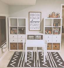 Great Idea For Kids Playroom Using Ikea Kallax Or Expedit With Desk And Baskets Basket Toy Room Decor Farmhouse Playroom Toy Rooms
