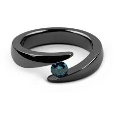 Black And Blue Titanium Wedding Band Womens Blue Diamond Black Titanium Tension Set Ring Custom Made Blue Diamond Black Titanium Blue Diamond Ring