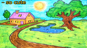 draw house in landscape تعليم الرسم رسم بقلم رصاص مع طريقة التلوين art painting cute