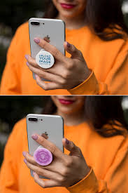 Placeit Phone Grip Mockup Featuring A Woman In An Orange Sweatshirt Orange Sweatshirts Popsockets Mockup