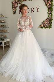 Sheer Tulle Elegant Appliques Wedding Dresses Long Sleeve A Line Bridal Gowns Online A Line Bridal Gowns Applique Wedding Dress Cheap Wedding Dress