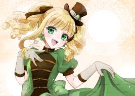 merrybear, elizabeth ethel cordelia midford, kuroshitsuji, highres, 1girl,  artist name, black hat, black ribbon, blonde hair, bow, bow earrings,  clothes lift, dress, dress lift, earrings, elbow gloves, gloves, green bow,  green dress,