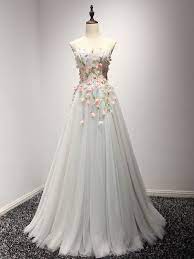 Strapless Soft Gray Prom Formal Home Coming Dress With Flowers Senior Prom Dresses Wedding Dresses With Flowers Gowns