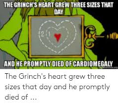 How the grinch stole christmas has been one of my favorite holiday cartoons and movies since i was a little girl. The Grinchs Heart Grew Three Sizes That Day 211 And Hepromptly Died Of Cardiomegaly The Grinch S Heart Grew Three Sizes That Day And He Promptly Died Of Heart Meme On Me Me