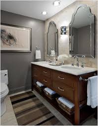 Bathroom Transitional Chicago Area Rug Beige Floor Tile Framed Artwork Gray Walls Open Shelf Recessed Beige Tile Bathroom Beige Tile Floor Bathroom Wall Colors