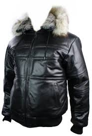 Mens Real Leather Jacket Puffer Fur Collar Removable Hooded Black Bomber Fleece Lined Http Www C Real Leather Jacket Fur Hood Jacket Black Bomber