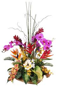 Cheap artificial & dried flowers, buy quality home & garden directly from china suppliers:autumn silk hydrangeas artificial flowers artificial flowers plastic leaves white fuzzy powder hippocampus grass fake plants wedding home decoration arrangement accessory|artificial. Exotic Tropical Silk Flower Arrangement In Teakwood Bowl Tropical Artificial Flower Arrangements By Jenny Silks Houzz