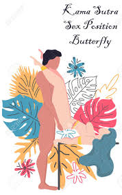 Kama Sutra, A Man And A Woman Have Sex. The Art Of Love. Sexual Position  Butterfly. Against The Background Of A Bouquet Of Tropical Leaves Of Palm  Trees, Monster And Flowers. Scandinavian