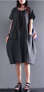 Black Unique Strips Cotton Dress Pocket Casual Dresses Short Sleeve Sundress Short Dresses Casual Cotton Dresses Loose Fitting Dresses