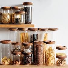 Vintage Cottage Clear Glass Kitchen Canisters With Wooden Lids Kitchen Storage Jars Set Of 5 In 2020 Glass Kitchen Canisters Kitchen Jars Storage Kitchen Jars