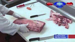 It differs from a standard rib eye because the bone is left on the steak and not trimmed. How To Cut Cowboy Ribeye Steaks South Shore Meats Youtube