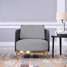 Mid Century Black Faux Leather Armchair Houndstooth Linen Upholstered Single Chair Gold Leg Stainless Steel Style B In 2021 Leather Armchair Single Chair Armchair