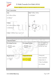 E Math Gce O Level Math 4016 Formula Sheet Pg 1 Math Formula Sheet Math Formulas Math