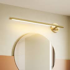 Consider two bath bars installed vertically on either side of the mirror, or one overhead about 80 to 85 inches from the floor. Mid Century Modern Linear Wall Sconce Metallic Led Bathroom Vanity Lighting In Gold Beautifulhalo Com