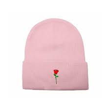 Red Rose Embroidered On Pink Beanie Pink Beanies Beanie Rose Hat
