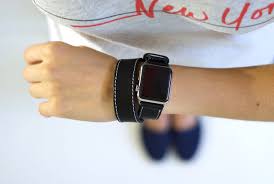 Black Apple Watch With White Band On Wrist Horween Leather Double Wrap Apple Watch Band Black Apple Watch Leather Strap Apple Watch Bands Leather Apple Watch Leather