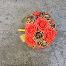 Handmade roses in peachy shades of coral & champagne. Bridal Bouquet Wedding Flowers Gold Coral Bouquet Of Roses Vanrina