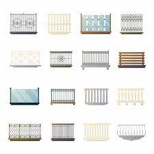 Drawing shows different balcony layout plan, flooring, both railing design, railing fixing sectional detail, elevations and isometric view. Free Vector Balcony Railings Design Flat Icons Collection