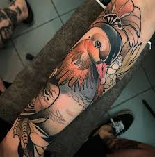 Birds That Start With An S Mandarin Duck As Start Of Georg S Sleeve Such A Pleasure Thank You Niemandsstift Done Hideoutatelier Le Duck Tattoos Tattoos Neo Traditional Tattoo