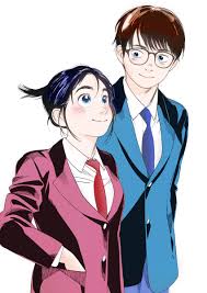 ojiro makoto, magari isaki, nakami ganta, kimi wa houkago insomnia,  colorized, derivative work, highres, 1boy, 1girl, black hair, blue eyes,  blue necktie, blue suit, blush, brown hair, formal clothes, glasses, hand in