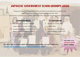 How to apply for postgraduate scholarship in malaysia? Embassy Of Japan In Malaysia åœ¨ãƒžãƒ¬ãƒ¼ã‚·ã‚¢æ—¥æœ¬å›½å¤§ä½¿é¤¨ We Are Pleased To Announce That The Japanese Government Scholarship Monbukagakusho Mext Scholarship 2020 For Undergraduate Postgraduate Categories Are Now Open For Application The